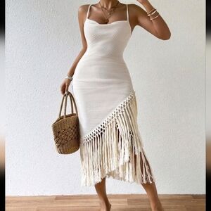 Beige Fringe Knit Dress